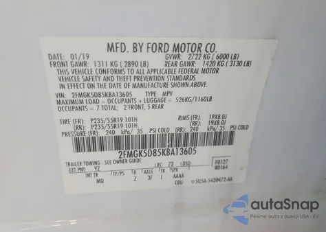 2019 Ford Flex Limited z USA, uszkodzony, nr VIN 2FMGK5D85KBA13605